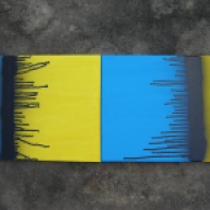 Designed to make Harry's "red" couches stand out. Diptych painting series painted by Kassandra Bowers Lakazdi spray paint drips bold colour primary black blue yellow multiple