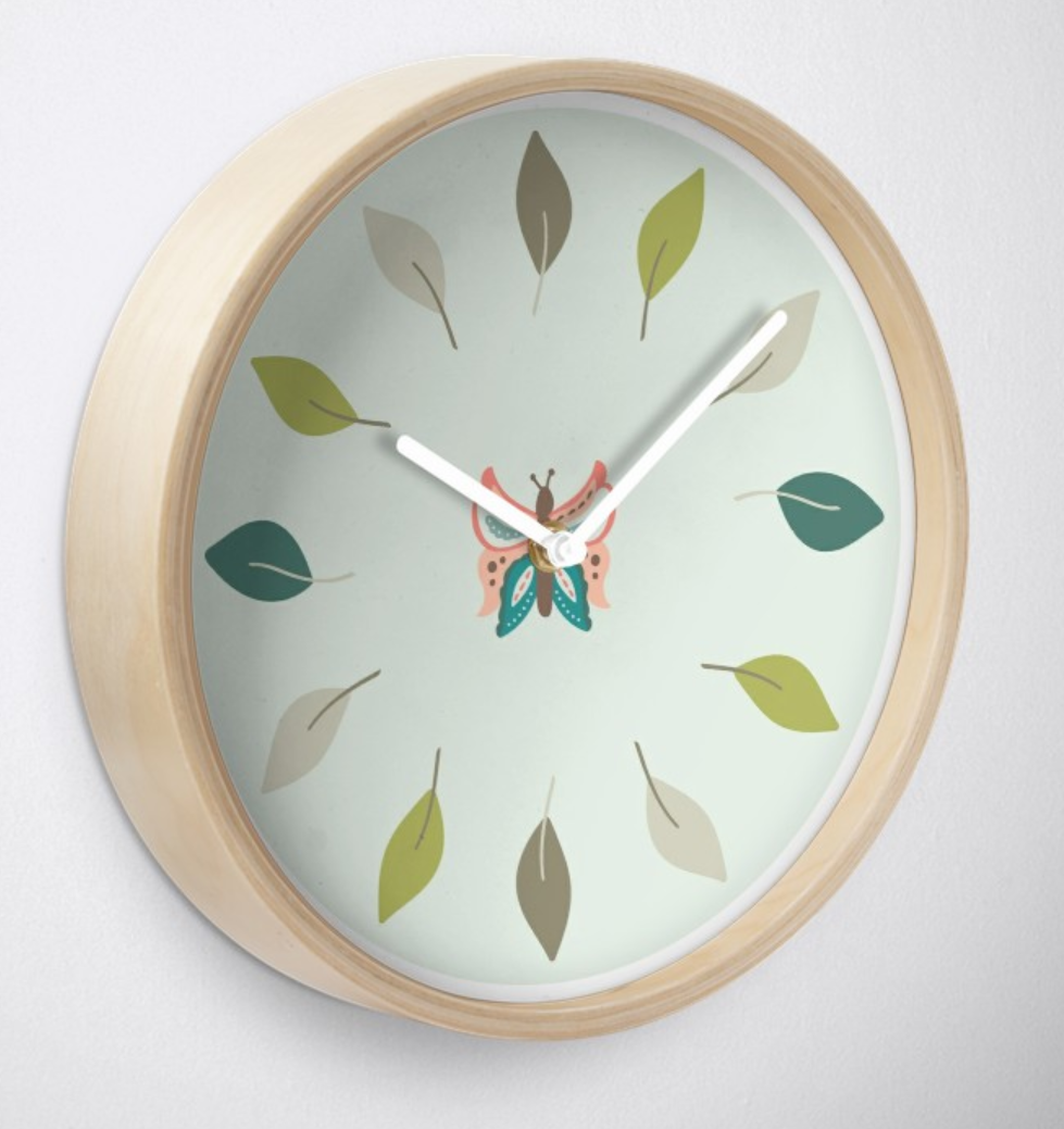 clock design print on demand drop shipping cute butterfly leaves redbubble art for sale
